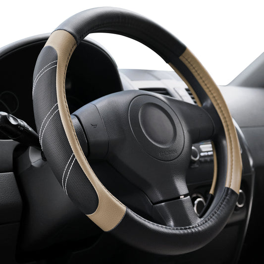 Elantrip Steering Wheel Cover Leather 15 1/2 to 16 inch Universal Large Soft Grip Breathable for Car Truck SUV Jeep Anti Slip Beige