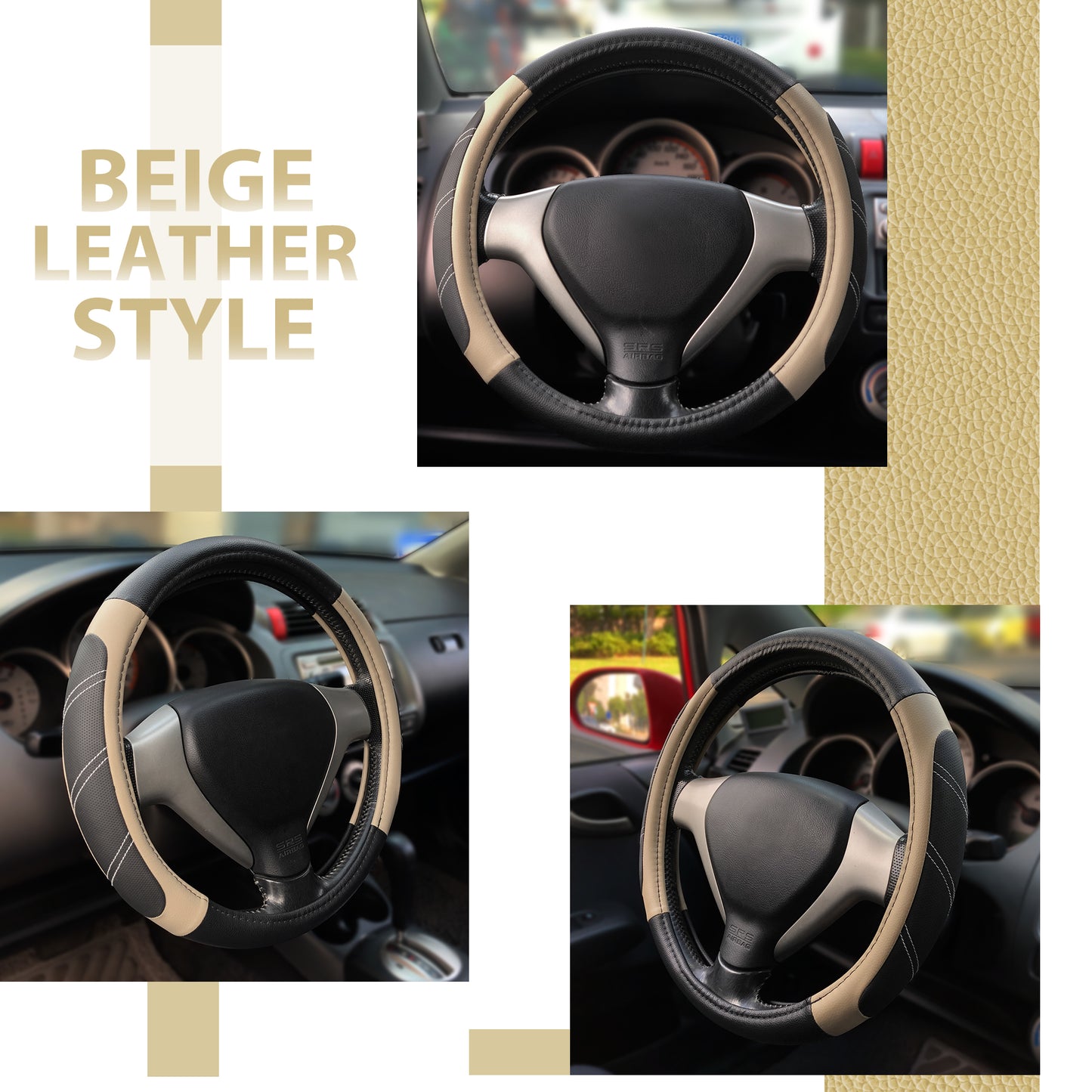 Elantrip Sport Leather Steering Wheel Cover 14 1/2 inch to 15 inch Universal, Padded Soft Grip Breathable for Car Truck SUV Jeep, Anti Slip Odorless Black and Beige