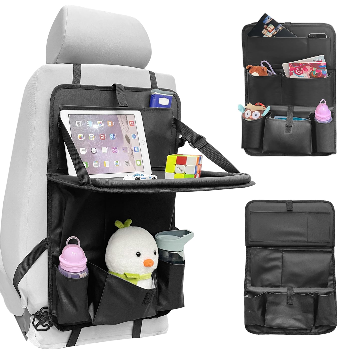 Elantrip Premium PU Leather Car Backseat Organizer with Foldable Table Tray - Multi-Function Storage with Tablet Holder, 9 Pockets, Kick Mats, Seat Back Protectors, Black, 1 Pc