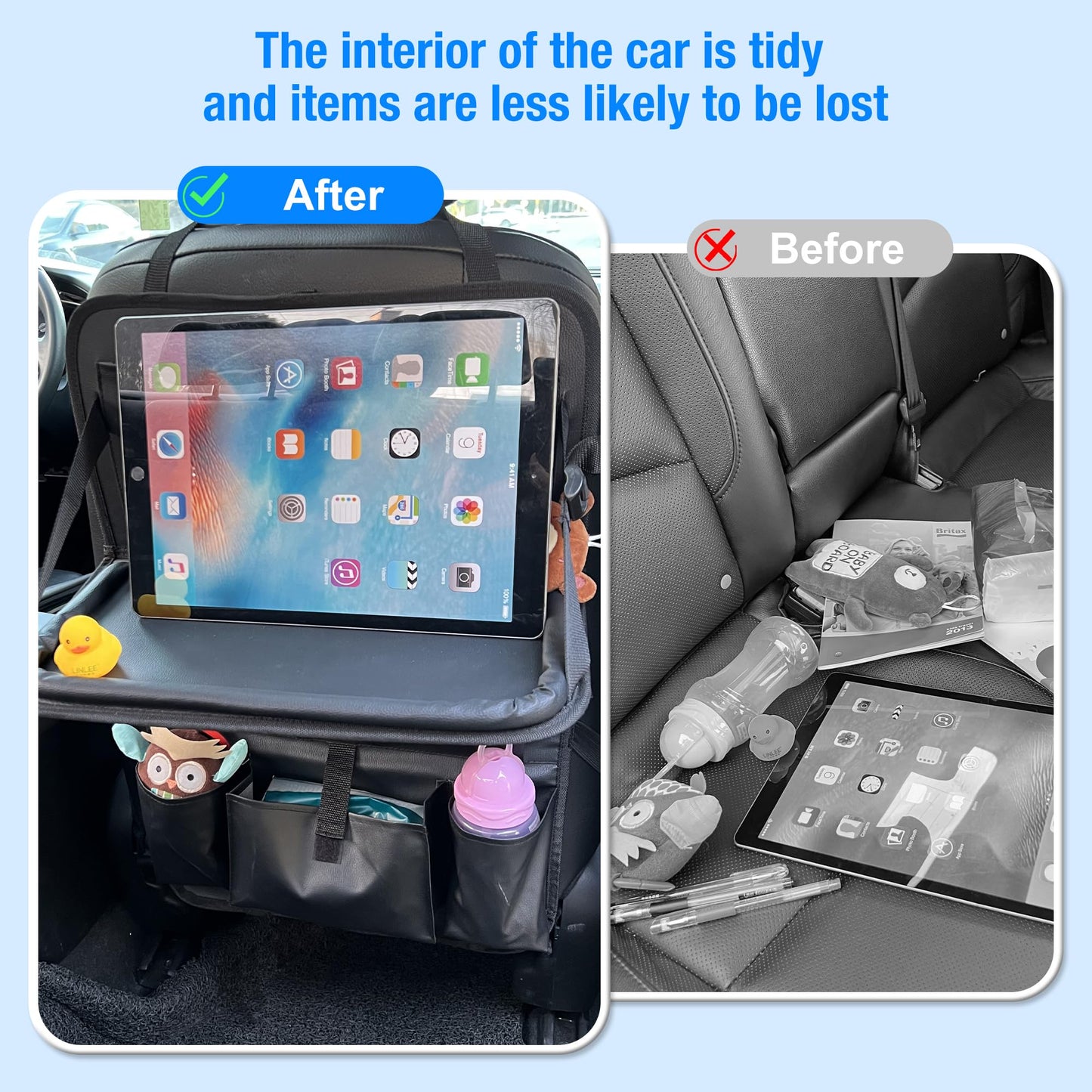 Elantrip Premium PU Leather Car Backseat Organizer with Foldable Table Tray - Multi-Function Storage with Tablet Holder, 9 Pockets, Kick Mats, Seat Back Protectors, Black, 1 Pc